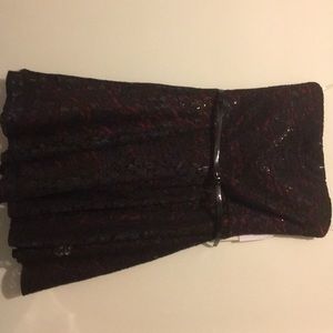 Red and black lace strapless dress
